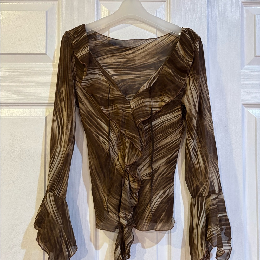 Vintage Y2K Brown Marbled-Patterned Ruffle Blouse